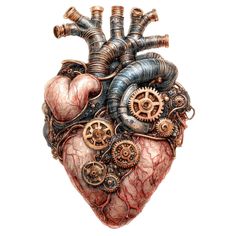 a drawing of a human heart with gears and mechanical parts on it's side