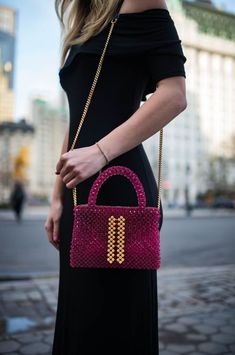 Discover elegance reimagined with this crystal beaded crossbody bag, a personalized luxury piece. * MATERIALS USED  - Dark purple beads 8 mm approximately 2500 beads used) - Gold plated gold beads (approximately 80 beads used) - Non-elastic nylon thread 0.5 mm x 80 m - Golden magnetic button - Gold shoulder chain - 2 D-rings (to hang the chain on the bag) * DIMENSIONS 📏: - Width  24 cm / 9.45 inches - Height  15 cm / 5.91 inches - Depth  10 cm / 3.94 * FEATURE 🎀: Gorgeous satin lining for a touch of luxury inside this bag. Ideal for elegant evenings, special events or as a statement piece in a chic outfit. This bag goes perfectly with an evening dress or a formal outfit. Its generous size makes it easy to carry your daily essentials: smartphone, keys, small bottle of perfume, bank cards Beaded Crossbody Bag, Purple Accessories, Bead Bag, Purple Handbags, Purse Essentials, Purple Beaded, Purple Beads, Beaded Bag, Beaded Handbag