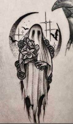 a black and white drawing of a ghost with flowers on it's back shoulder