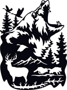 a bear and deer in the woods with trees