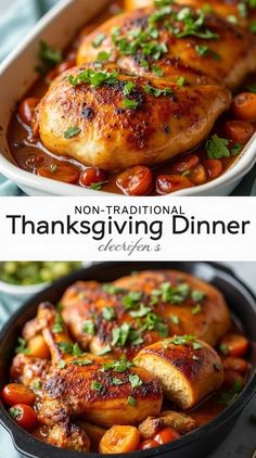 two pictures of chicken and vegetables in a pan with the words, non traditional thanksgiving dinner