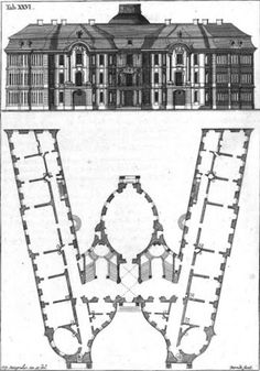 an architectural drawing shows the front and back sides of a large building