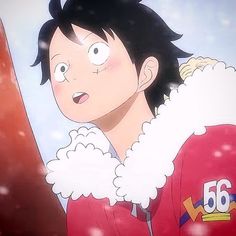 an anime character with black hair wearing a red jacket and white fur collar, standing in the snow