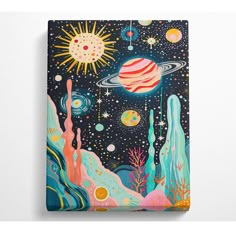 a painting on a white wall with an image of planets and stars in the sky