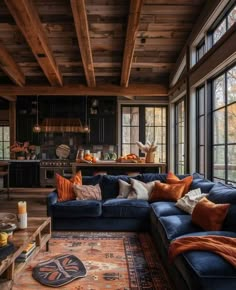 Blue Couch Living Room, Earthy Living Room, Cabin Living Room, Cozy Living Spaces, Cabin Living, Home Addition, Modern Cottage, Inviting Home, Living Room Decor Cozy