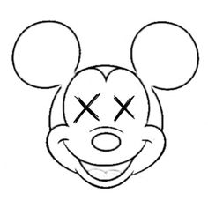 a drawing of mickey mouse's face with two crosses drawn on it, and the word