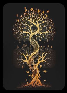 a painting of a tree with a spiral staircase going up it's side in the dark