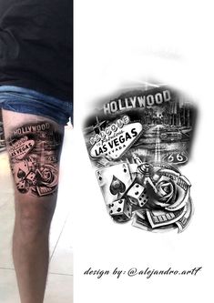 a man with tattoos on his legs next to an image of the back of his leg