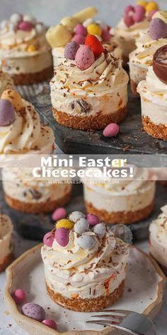 mini easter cheesecakes with white frosting and chocolate eggs on top are ready to be eaten