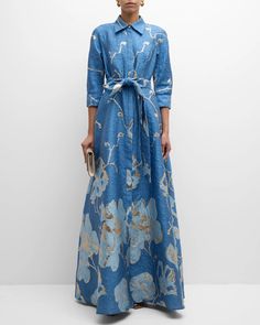 Rickie Freeman for Teri Jon A-Line Metallic Jacquard Shirt Gown | Neiman Marcus Shirt Gown, Teri Jon, Jacquard Shirt, Women's Evening Dresses, Princess Seams, Floral Jacquard, Princess Seam, Jacquard Fabric, Luxury Fabrics