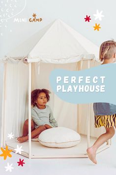 two children sitting in a play house with the words perfect playhouse above them and below it