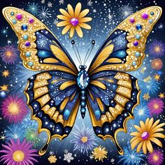 a painting of a butterfly with flowers on it's wings and stars in the background