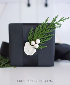 a black box with some green leaves on it