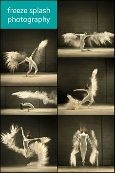 a series of photos showing how to use white feathers in motion with the caption freeze splash photography