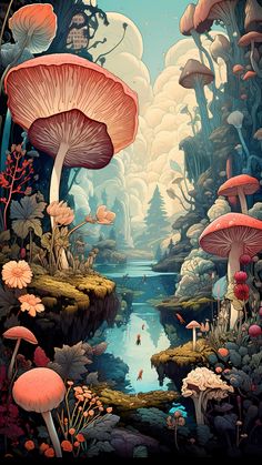 an image of a painting of mushrooms in the forest with water and clouds behind them