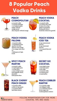 the 8 popular peach vodka drinks info sheet is shown in red and white with text