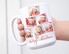 a person holding up a coffee mug with photos on it and the words merry christmas