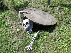 a skeleton laying in the grass next to a frisbee