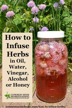 a jar filled with liquid sitting on top of a dirt ground next to purple flowers