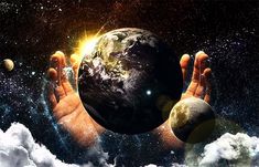 two hands are holding the earth in space with clouds and stars around it, as if they were floating on water