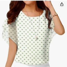 Nwt Women’s Summer Loose Casual Short Sleeve Chiffon Top Blouse. 4x. Green Heart Print. White Chiffon Blouse With Short Sleeves, White Chiffon Short Sleeve Top, Trendy White Chiffon Blouse, White Casual Chiffon Top, Casual White Chiffon Top, White Chiffon Casual Tops, White Casual Chiffon Blouse, Casual White Chiffon Blouse, Green Casual Chiffon Tops