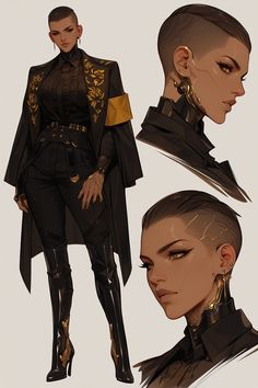 three different views of a woman with short hair wearing black clothes and gold jewelry,