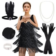 PRICES MAY VARY. FLAPPER DRESSES 1920S with ACCESSORIES: In total 10 pieces includes 1 × great gatsby party dress, 1 × feather flapper headband, 1 × pearl bracelet, 1 × pearl necklace, 1 × stretchable black prop, 1 × fishnet tights, 1 pair of black long gloves(2pcs), 1 pair of earrings(2pcs) Size: THE SIZE OF THE CLOTHES SHOULD BE SELECTED ACCORDING TO THE RECOMMENDED HEIGHT AND WEIGHT DATA CHARMING DESIGN DRESS: Roaring 20s dress for women features a sparkling tassel design, sleeveless and deep Gatsby Outfit Women, Flapper Dresses 1920s, Great Gatsby Party Dress, 20s Accessories, Flapper Dress 1920s, Black Dress Halloween Costume, Gatsby Outfit, Roaring 20s Dresses, 20s Costume