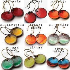 the different types of earrings are shown in various colors and sizes, including red, green, blue, yellow