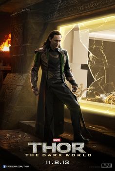 thor the dark world movie poster with loki in front of an open door and fire