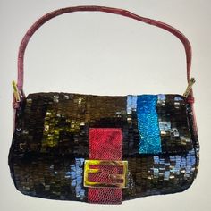 Fendi Silk Taupe Brown Sequin Pink Lizard Leather Blue Interior Stunning Baguette Sparkling Logo Bag Rare Neverused Made In Italy Fendi Beaded Bag, Fendi Beaded Baguette Bag, Fendi Embroidery Bag, Fendi Bag Vintage, Fendi Sequin Bag, Bags Logo, Blue Interior, Fendi, Bag Lady