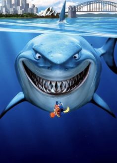 an advertisement for finding nemo in the water with a smiling shark and cityscape