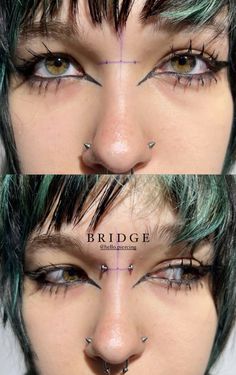 two pictures of the same woman's face with piercings on her nose and eyebrows