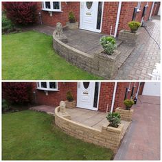 two pictures of a brick house with landscaping