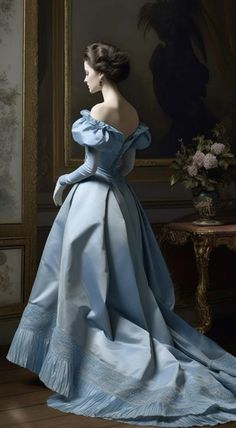 Victorian Era Art Paintings, Gown With Gloves, Ball Gowns Victorian, Victorian Ball Gowns, Victorian Gown, Noble Lady, Blue Ball Gowns, 1800s Fashion, Dress History