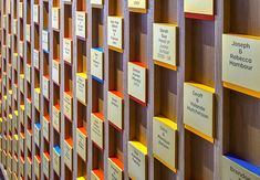 a wall covered in lots of different types of sticky notes on wooden boards with words written on them