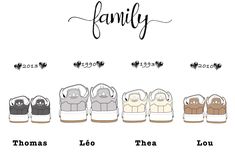 the family sneakers in different colors and sizes