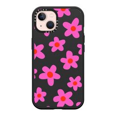 an iphone case with pink flowers on black