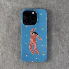 a blue phone case with an image of a woman on the front and stars in the back