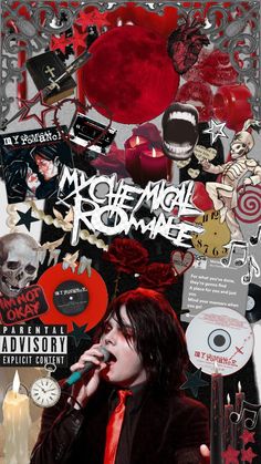 a collage of images with the words my chemical romance written on them and various stickers