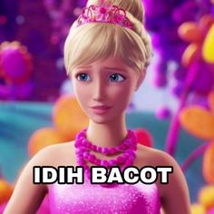 barbie doll with pink dress and tiara in front of colorful background that says, idh bacot