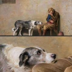 two paintings of people sitting on a bench with their dogs and one is looking at the camera