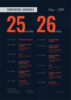 an orange and black poster with numbers on it that says conference schedule 25 - 26 may