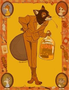 an illustration of a man in a suit with a bottle of alcohol and cats around him