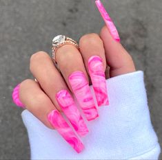 Acrylic Nail Designs Full Color, Long Girly Acrylic Nails Pink, Fluro Nails, Hot Pink Marble Nails, Marbled Nails, Nails Marble, Barbie Nails, Unghie Nail Art, Drip Nails