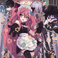 an anime character with long pink hair and black clothes, holding a microphone in front of other characters