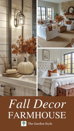 a collage of photos with the words fall decor farmhouse