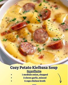 a bowl of soup with sausage and potatoes