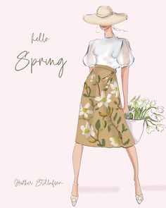 a drawing of a woman wearing a hat and holding a potted plant with the words hello spring written on it