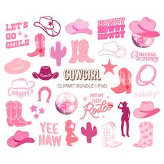 pink and white cowboy clipart bundle for scrapbooking, cards or t - shirts