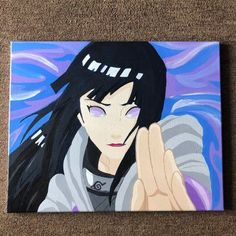 a painting of a girl with long black hair holding her hand up in the air